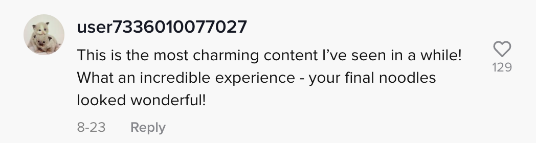 这是我最近看到的最棒的内容了！好难得的经历。你最后做出的拉面好棒！