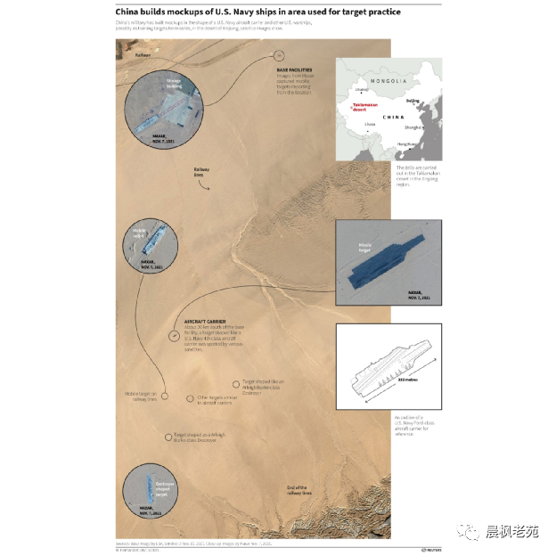 卫星图像显示，中国在西部沙漠里有多个航母形状的靶标，而且铁轨在下半有很大一道S形弯道