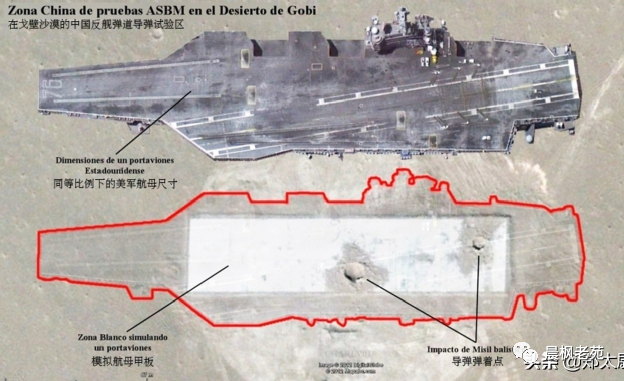 中国沙漠里固定的水泥靶标的存在已经有一段时间了，这是与实际“尼米兹”级的比较，弹着点清晰可见