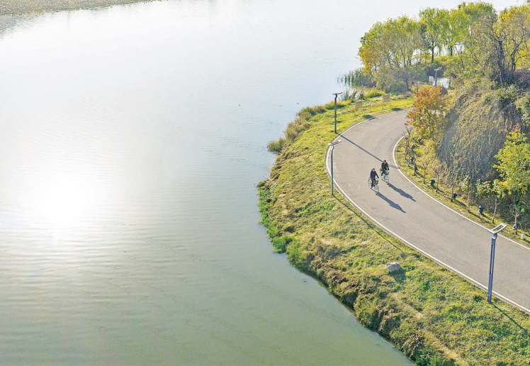 市民在后官湖湿地公园骑行，在大自然中享受悠闲时光。