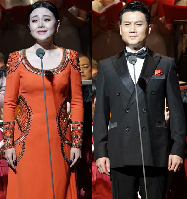 中国东方歌舞团青年女高音歌唱家徐晶晶、中国人民解放军文工团青年男中音歌唱家张大伟分别领唱《焦裕禄精神》《脱贫攻坚精神》