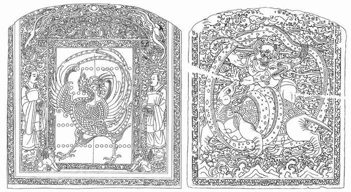 〔图三〕 潼关税村隋墓画像石棺挡线摹图 头挡高106厘米 宽98厘米 足挡高90厘米 宽78.5厘米 陕西潼关税村出土 陕西省考古研究院藏 采自《潼关税村隋代壁画墓》