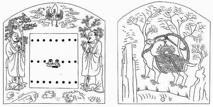 〔图八：2〕 郭生墓画像石棺挡线摹图 北周建德五年（576） 头挡高69厘米 宽70厘米 足挡高55 宽50厘米 陕西咸阳北周武功郡守郭生墓出土 陕西省考古研究院藏 采自《北周郭生墓发掘简报》