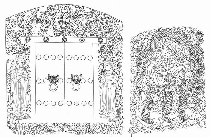 〔图六：1〕 曹连墓画像石棺挡线摹图 北魏永安元年（528） 头挡高61.5厘米 宽72厘米 足挡高57.3厘米 宽40厘米 河南洛阳北魏凉州刺史曹连墓出土 洛阳市文物考古研究院藏 采自洛阳市文物考古研究院：《洛阳北魏曹连石棺墓》，科学出版社，2019年