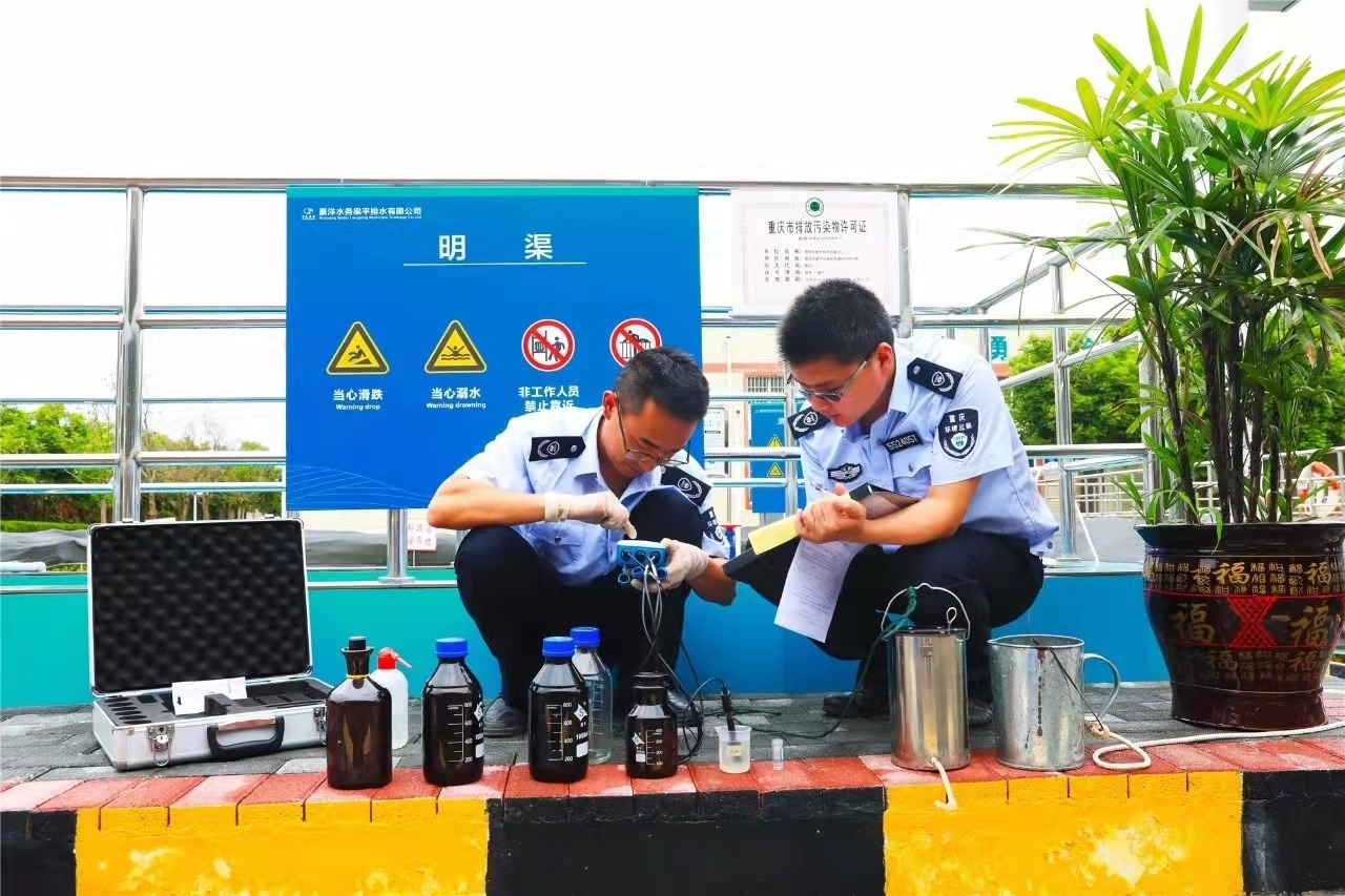 重庆市梁平排水有限公司，环境监测技术人员在现场测定样品的水温和PH值。（资料图）