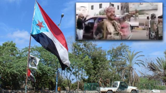 也门过度委员会所使用的旗帜和士兵扮相，他们的政治诉求是在也门南部割据并重建南也门共和国