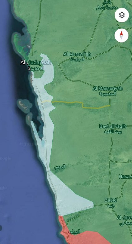 白色为2021年11月13日胡塞武装夺回的地区，这阿盟的地面火力和侦察手段已经无法有效控制荷台达港了