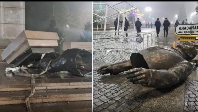 哈萨克斯坦抗议者拆除前总统纳扎尔巴耶夫的雕像