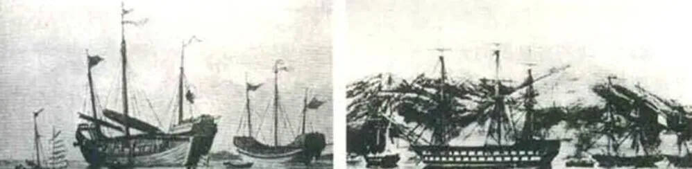 上图_ 第一次鸦片战争中，左图为清朝的大型兵船，右图为英国的兵船