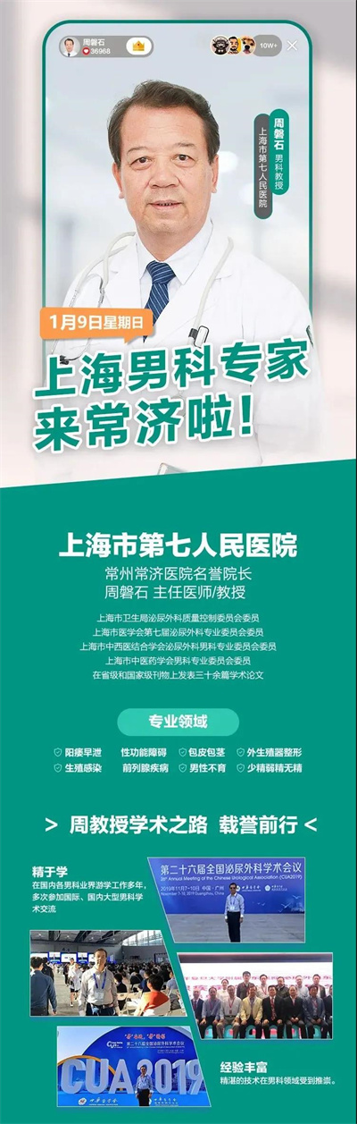 常州常濟中西醫結合醫院特邀上海男科專家周磐石教授週日定期會診