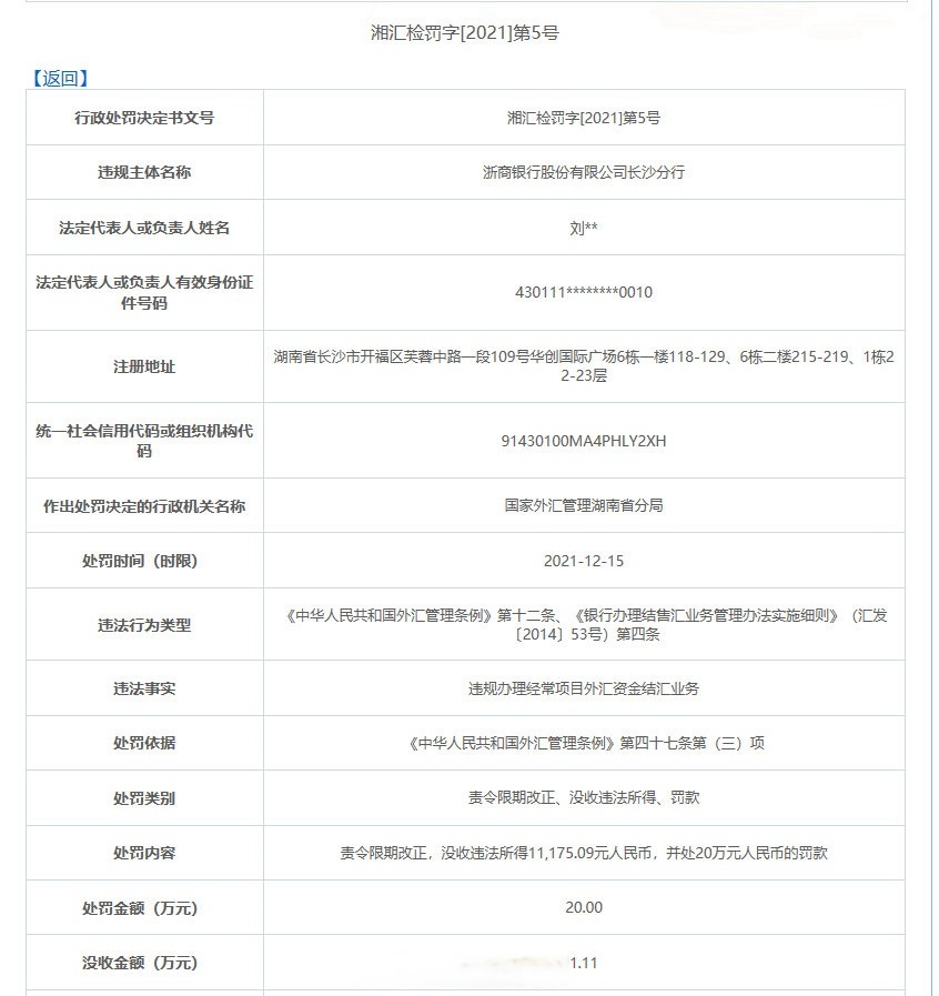 浙商银行长沙分行因违规办理结汇业务被罚