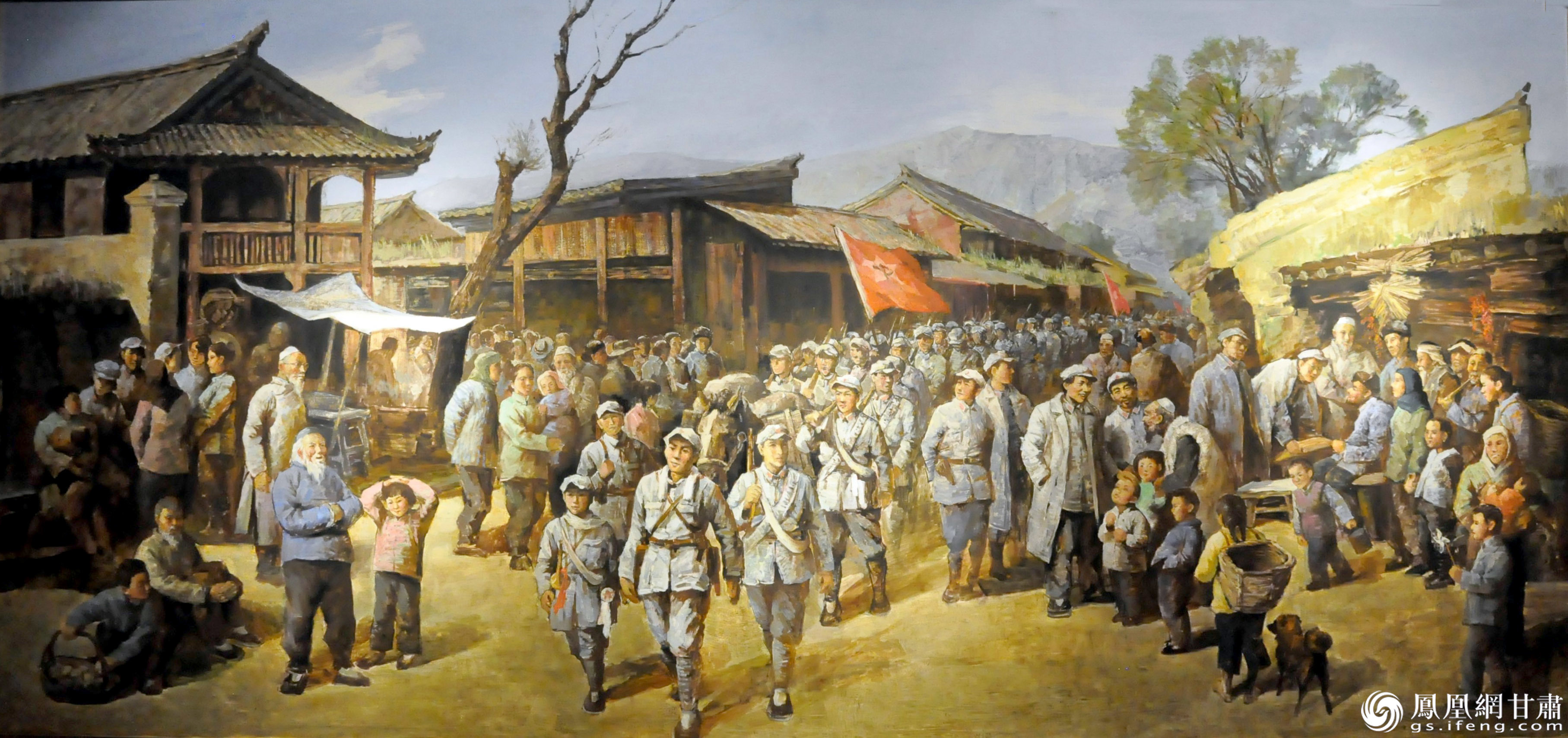 油画《红军进入哈达铺》反映出红军到达哈达铺，受到当地群众热烈欢迎。哈达铺红军长征纪念馆供图