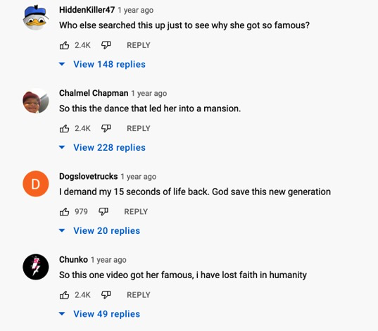 在Charli D’Amelio的视频下，网友们纷纷表示对其因此爆红表示不解，图片截自于YouTube