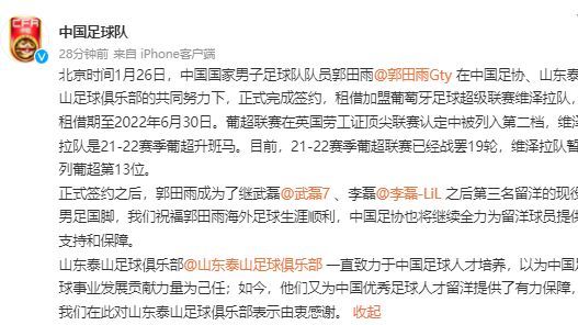 媒体人：<em>郭</em><em>田</em><em>雨</em>未来肯定会重回山东泰山