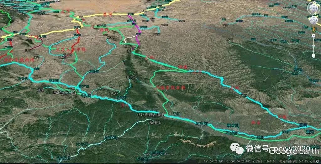 根据谷歌地球制作的丝绸之路和山川河流走向示意图