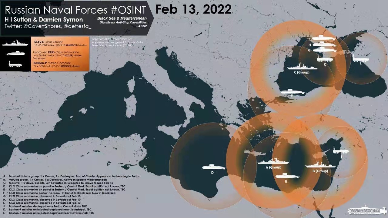 2022年2月13日俄罗斯在地中海与黑海沿线的舰队兵力部署,左下角画着导弹车的区域即为赫梅米姆基地