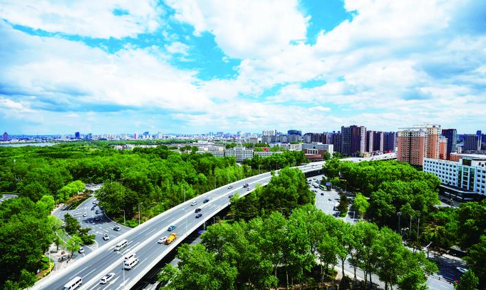 绿树掩映，街路繁华，朝阳美景尽收眼底。