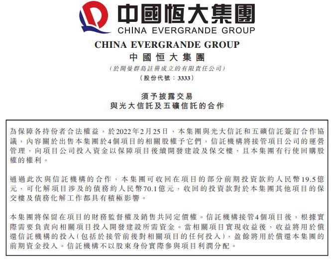 中国恒大：出售4个项目相关股权 可化解相关债务约70亿元