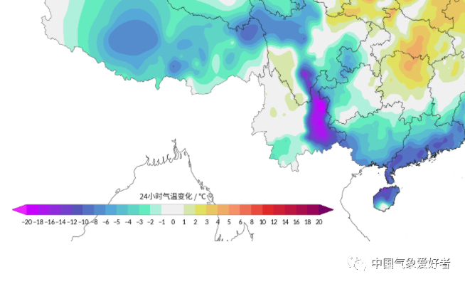 2月19日下午5点西南及华南24小时变温情况，中气爱制作