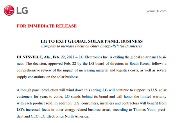 突发！LG电子将退出全球太阳能电池板业务