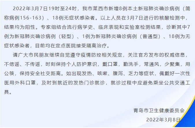 3月7日19时至24时青岛莱西新增8例新冠肺炎确诊病例