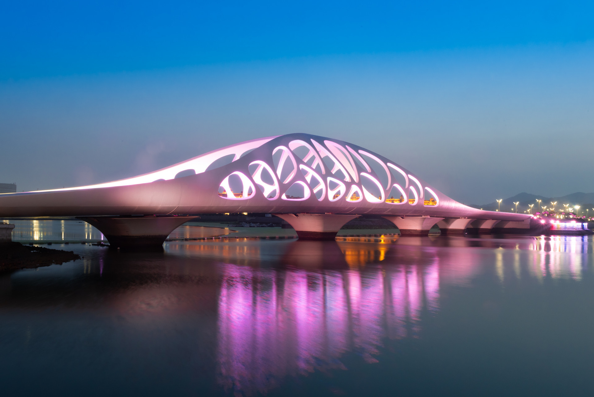 这座珊瑚贝桥全长290米,采用国内首创的"珊瑚贝"装饰拱,如贝壳弧形成