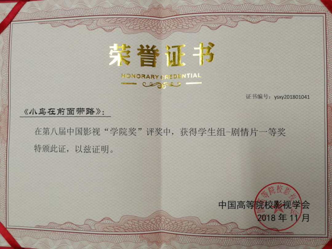 《小鸟在前面带路》获得第八届中国影视“学院奖”学生组剧情片一等奖