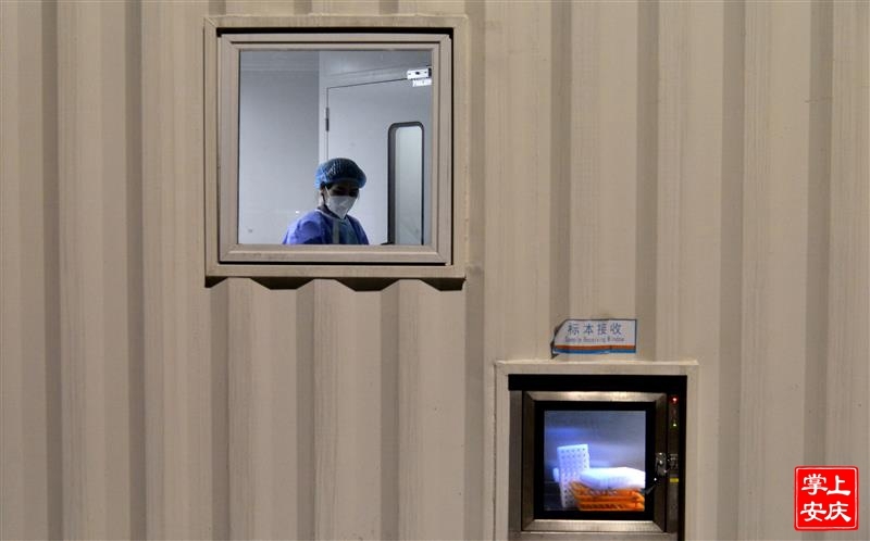 3月9日晚，在迎江区科技广场核酸检测点，一名医护人员正在移动检测车内工作。 王政 摄