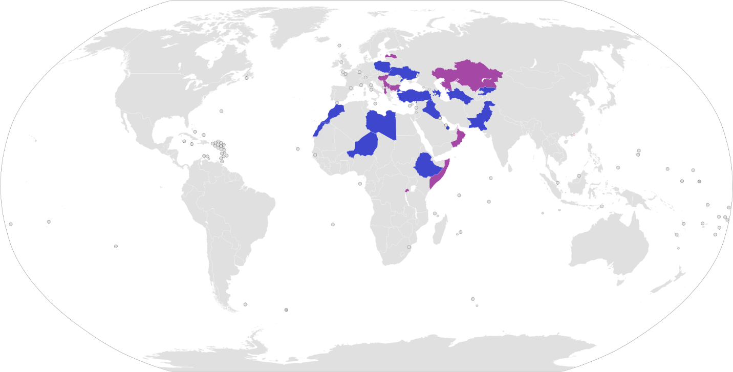 TB-2在世界上的用户（蓝色）和意向用户（紫色）不少