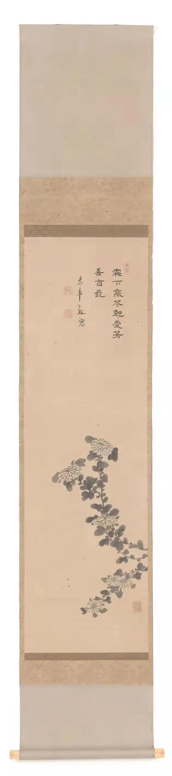 ▲东皋心越墨菊图,东皋心越(1639-1695),中国画,103x30.5,1684,杭州永福寺藏