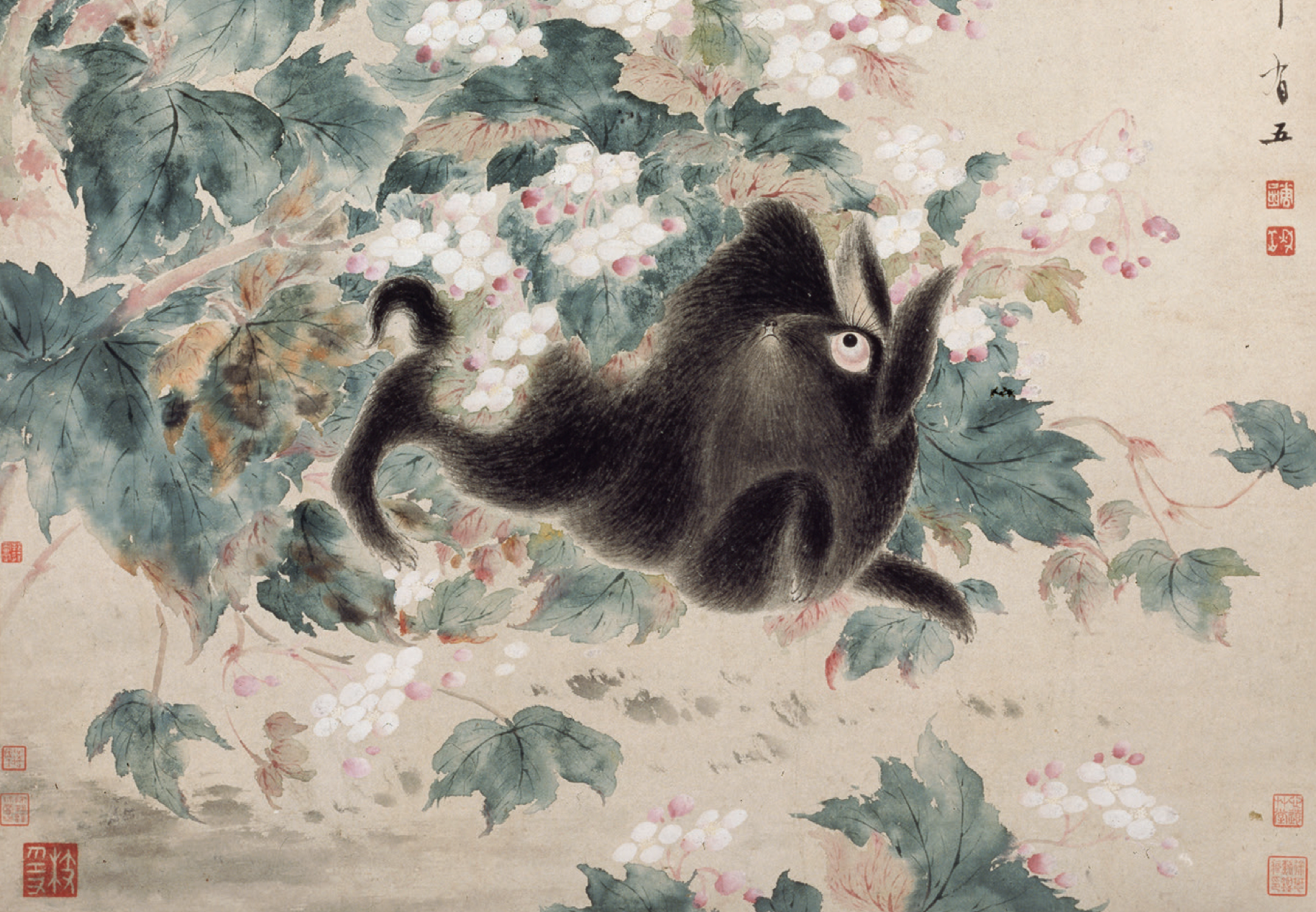 清 华嵒 《海棠禽兔图》轴(局部) 故宫博物院藏