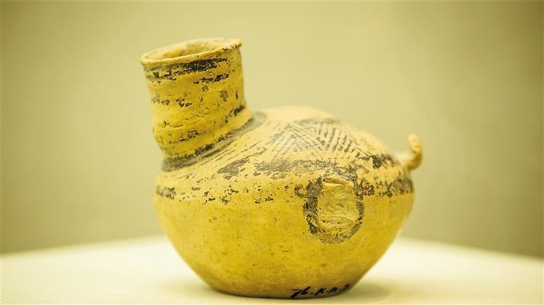 折线纹鸟形彩陶壶