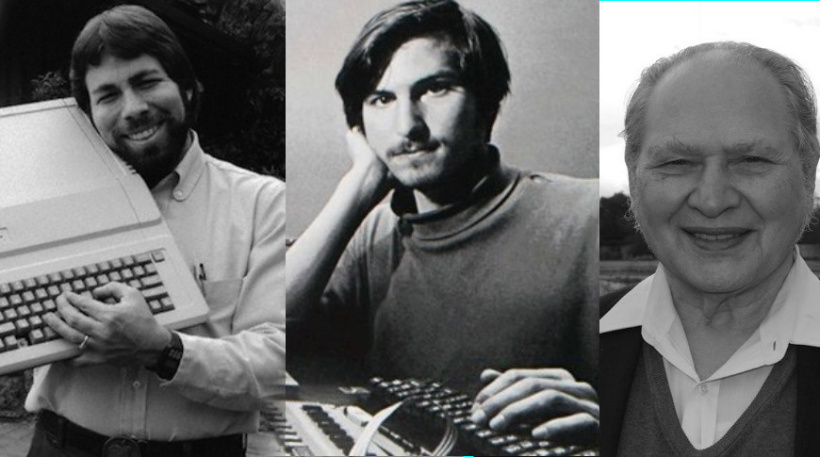  苹果公司的原始创始人从左至右：史蒂夫・沃兹尼亚克、史蒂夫・乔布斯、罗恩・韦恩