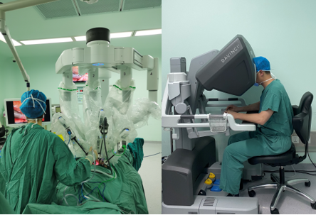 达芬奇机器人手术,主刀医生操控机器人主机,助手在手术台上配合