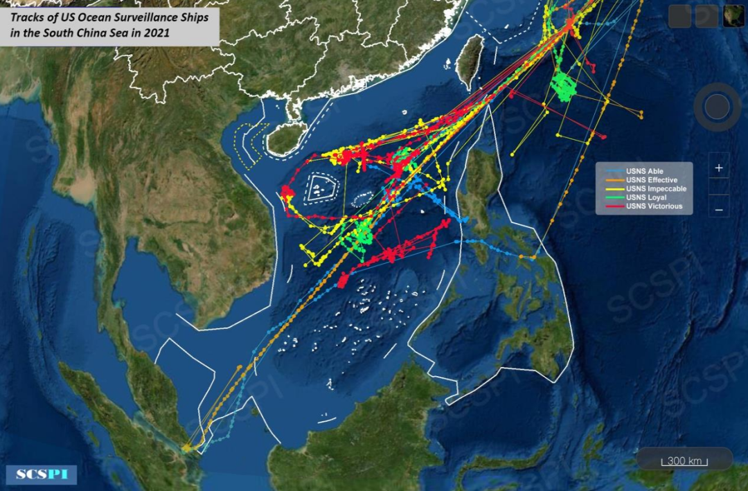 2021年美军五艘海洋监视船活动轨迹图。图源：SCSPI