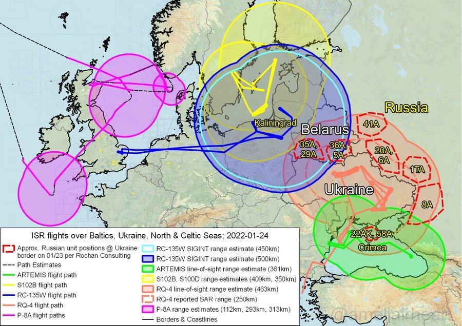 2022年1月24日北约ISR飞机的执勤情况，俄军各集团军部署位置当时既已明确