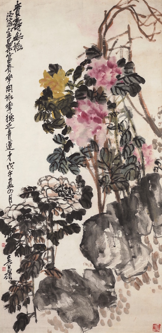 吴昌硕《牡丹四尺堂》纸本水墨 136.5x66cm 清 戊午 1918