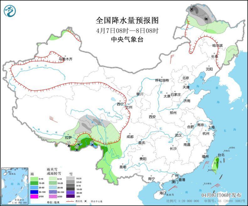 4月7日08時至8日08時,新疆北疆北部,西藏東部,青海南部,川西高原西北