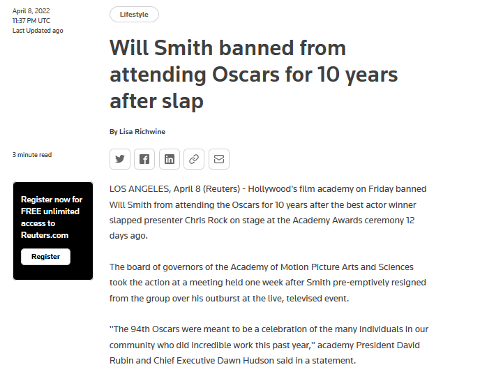 威尔·史密斯被禁入奥斯卡10年 最佳男主奖杯未被没收