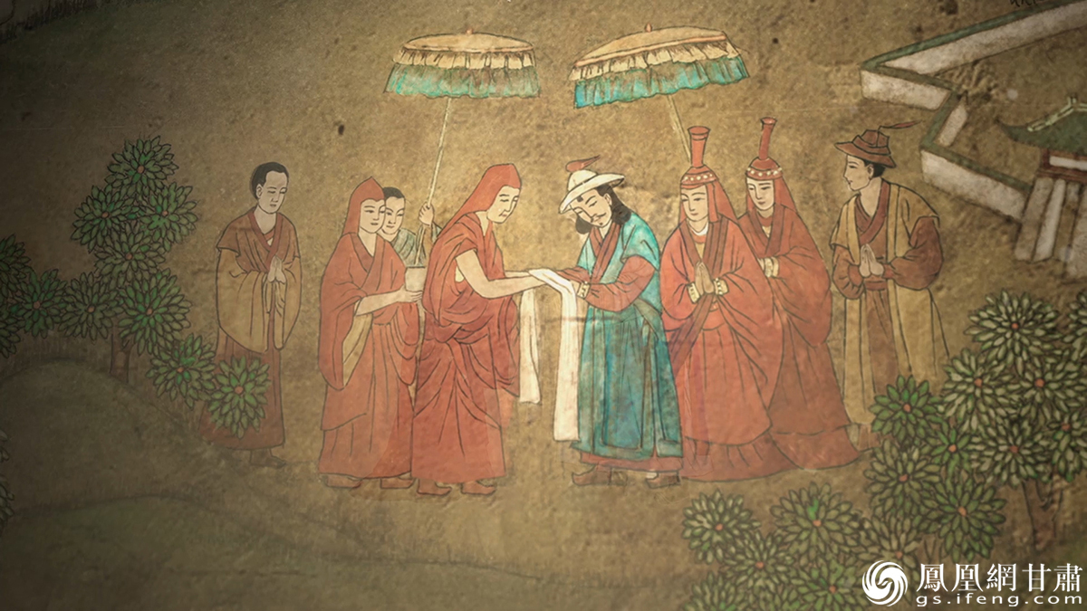 西藏萨迦派宗教领袖萨迦班智达与蒙古汗国皇子、西路军统帅阔端会见场景图。武威市文体广电和旅游局供图