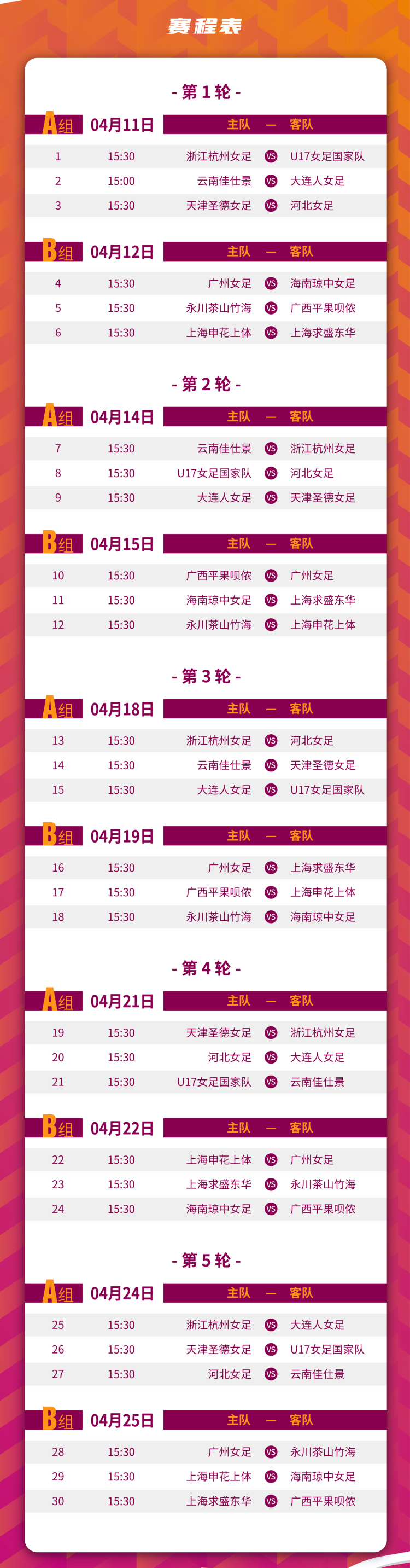 女甲联赛第一阶段赛程。 中国足协官网截图