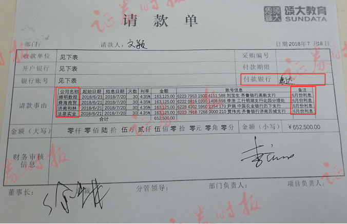 家公司贷款支付利息的请款单记者核对了所获得的泰达鑫晨中行账户流水