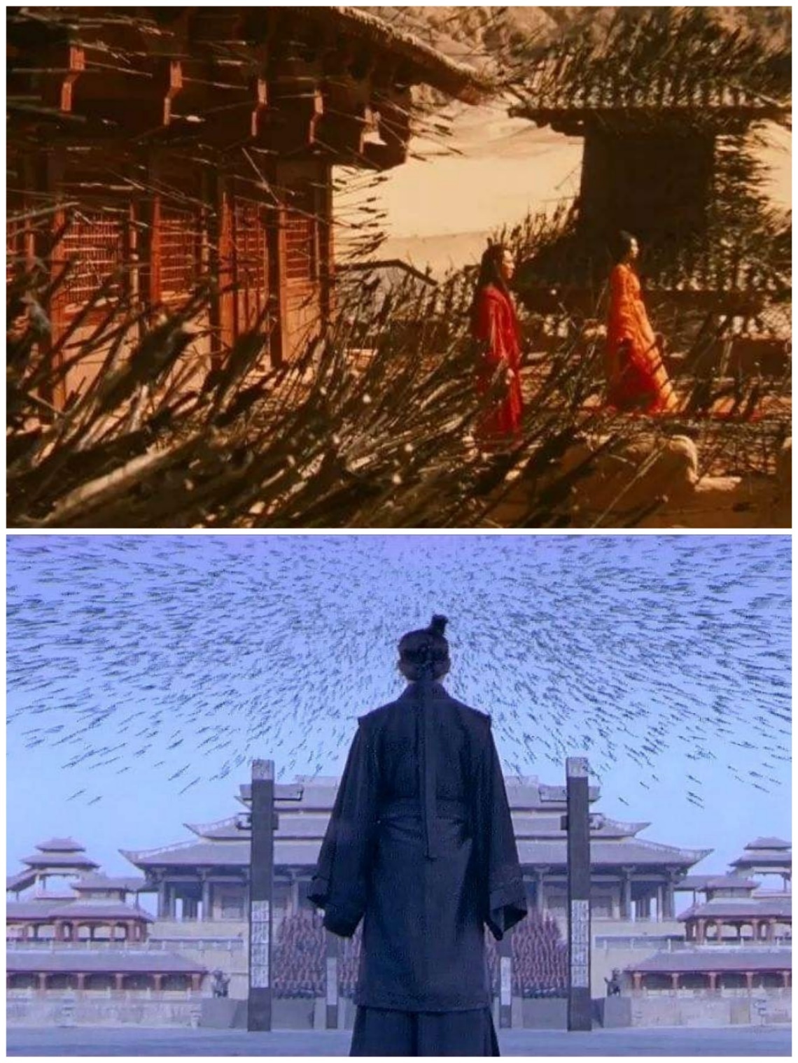 图：电影《英雄》中箭雨落向城市和宫殿的画面