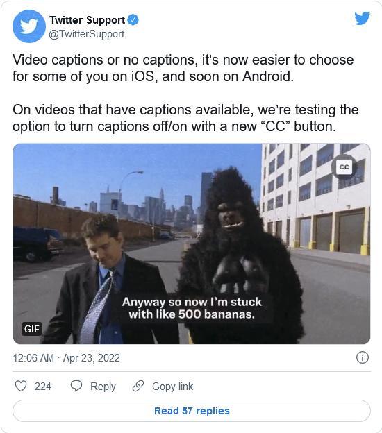 Twitter正在测试一个用于开关视频字幕的CC按钮