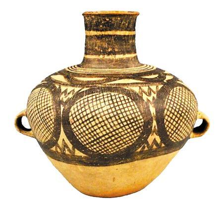 马家窑文化半山类型圆圈网格纹双耳彩陶罐