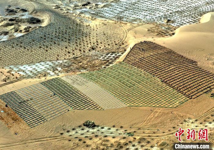 4月中旬以来，甘肃省武威市民勤县采用治沙新技术。马爱彬 摄