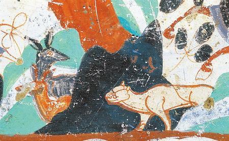 莫高窟第296窟的虎与鹿（敦煌研究院供图）