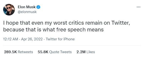 马斯克:我希望即使是我最糟糕的批评者也能留在推特上