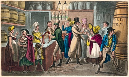 19世纪英国禁酒运动力图终结公开处决，并鼓励人们进行礼拜与阅读。然而，饮酒仍旧是最受欢迎的业余节目。（图片来自《餐馆》）