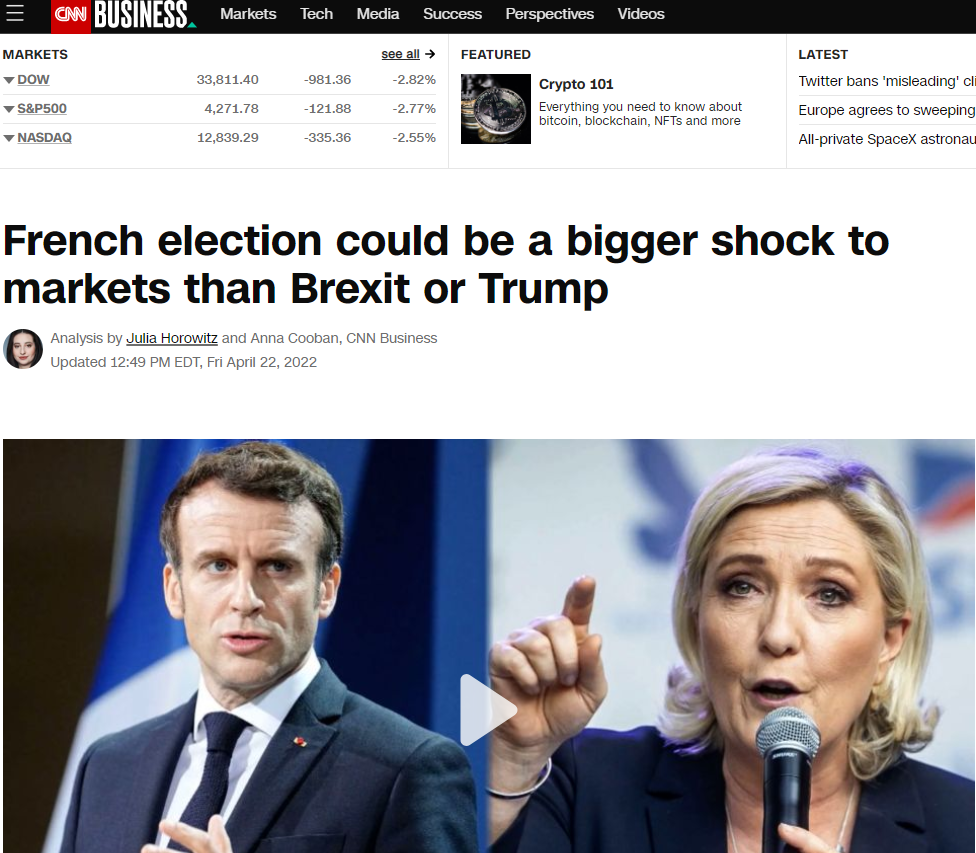 CNN：勒庞当选对股市的冲击将比英国脱欧特朗普当选更大